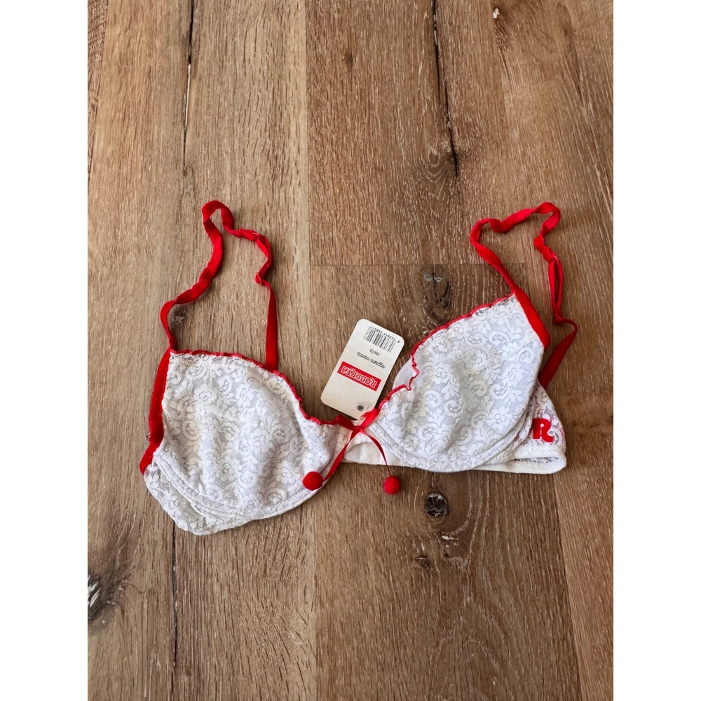 Roberta Intimo NWT White Lace Bra Red Trim Pom Pom Italian Lingerie Size 2